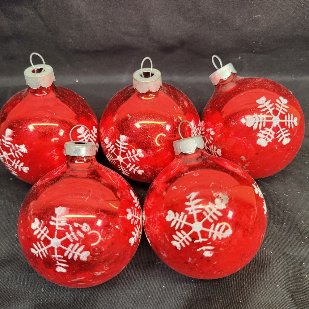5 Shiny Brite Red Glass Christmas‎ Tree Ornaments Stenciled Mica Snowflake USA